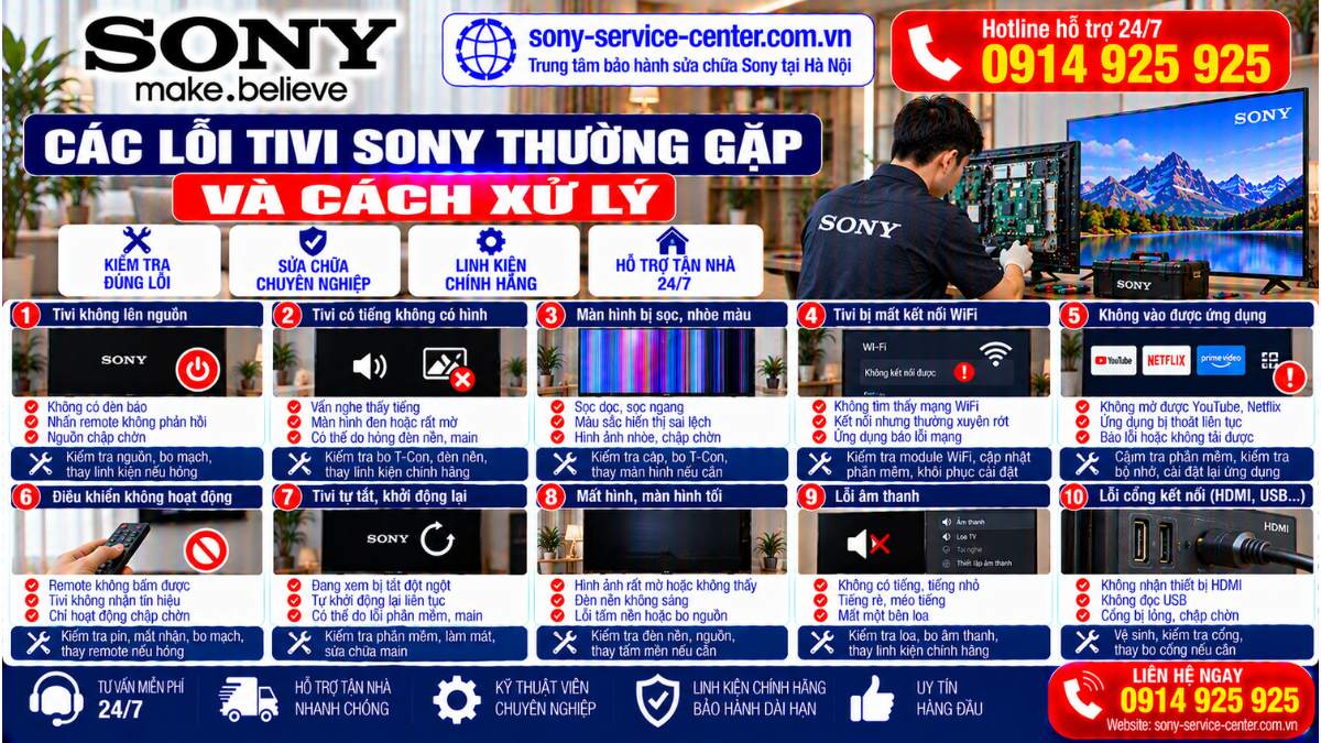 Các lỗi tivi Sony thường gặp và cách xử lý sony-service-center.com.vn 0914 925 925